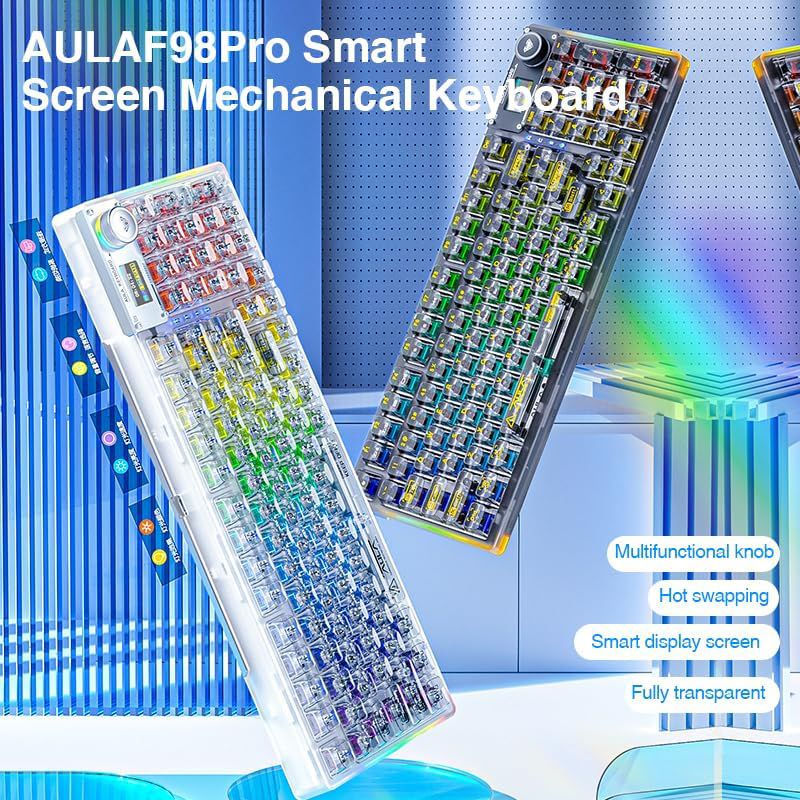 کیبورد گیمینگ بی سیم بلوتوثی مکانیکال آئولا مدل AULA F98PRO ICE CRYSTAL SWITCH با صفحه نمایش