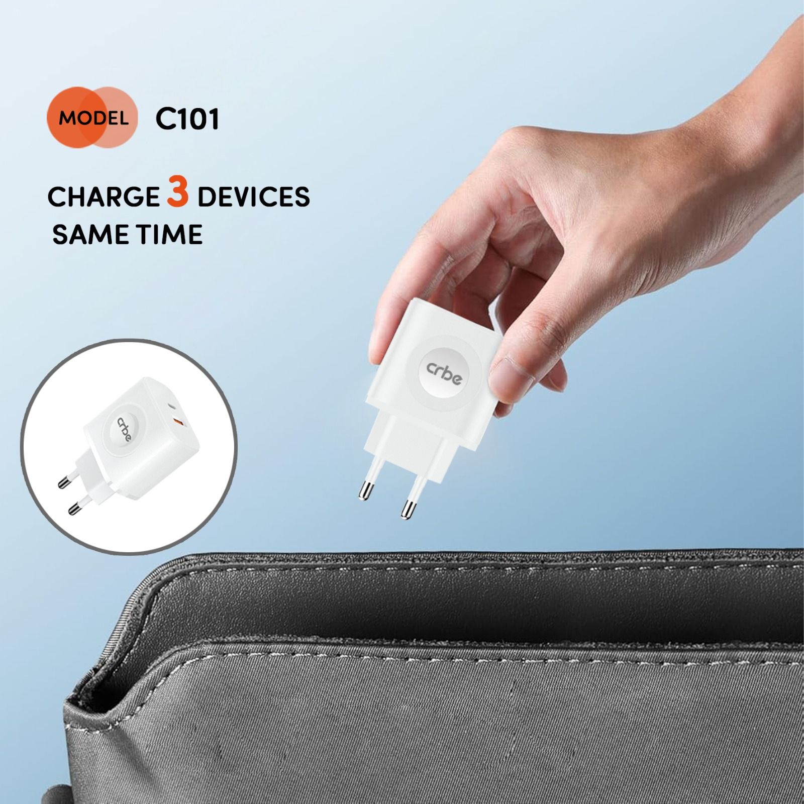 شارژر دیواری فست شارژ دو پورت وایرلس دار 20 وات مدل Crbe C101 PD USB-C