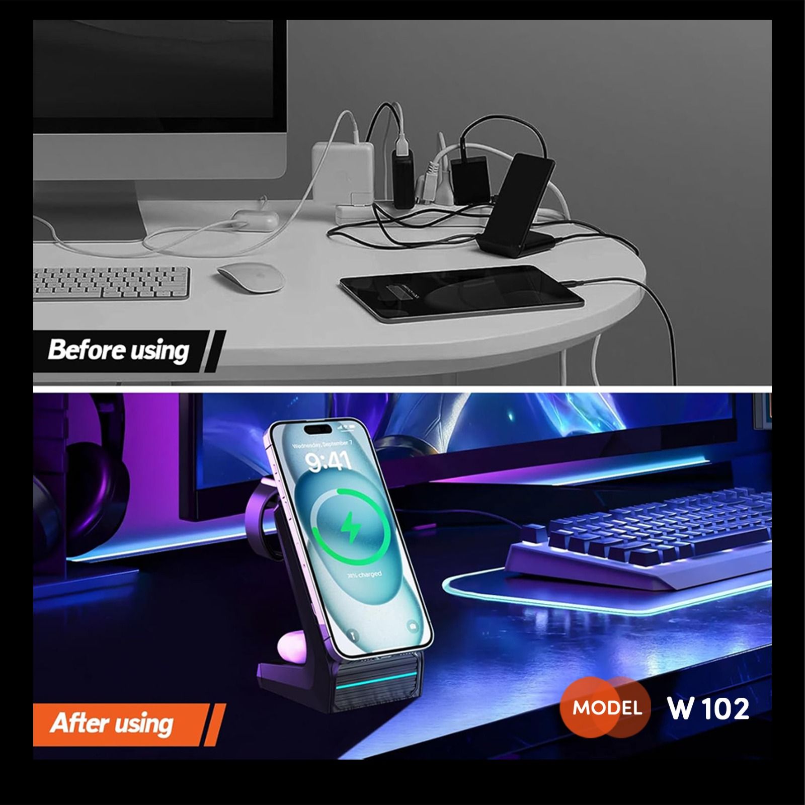 پایه شارژر رومیزی بی سیم سه کاره 15 وات کربی مدل Crbe W102 با نشانگر LED