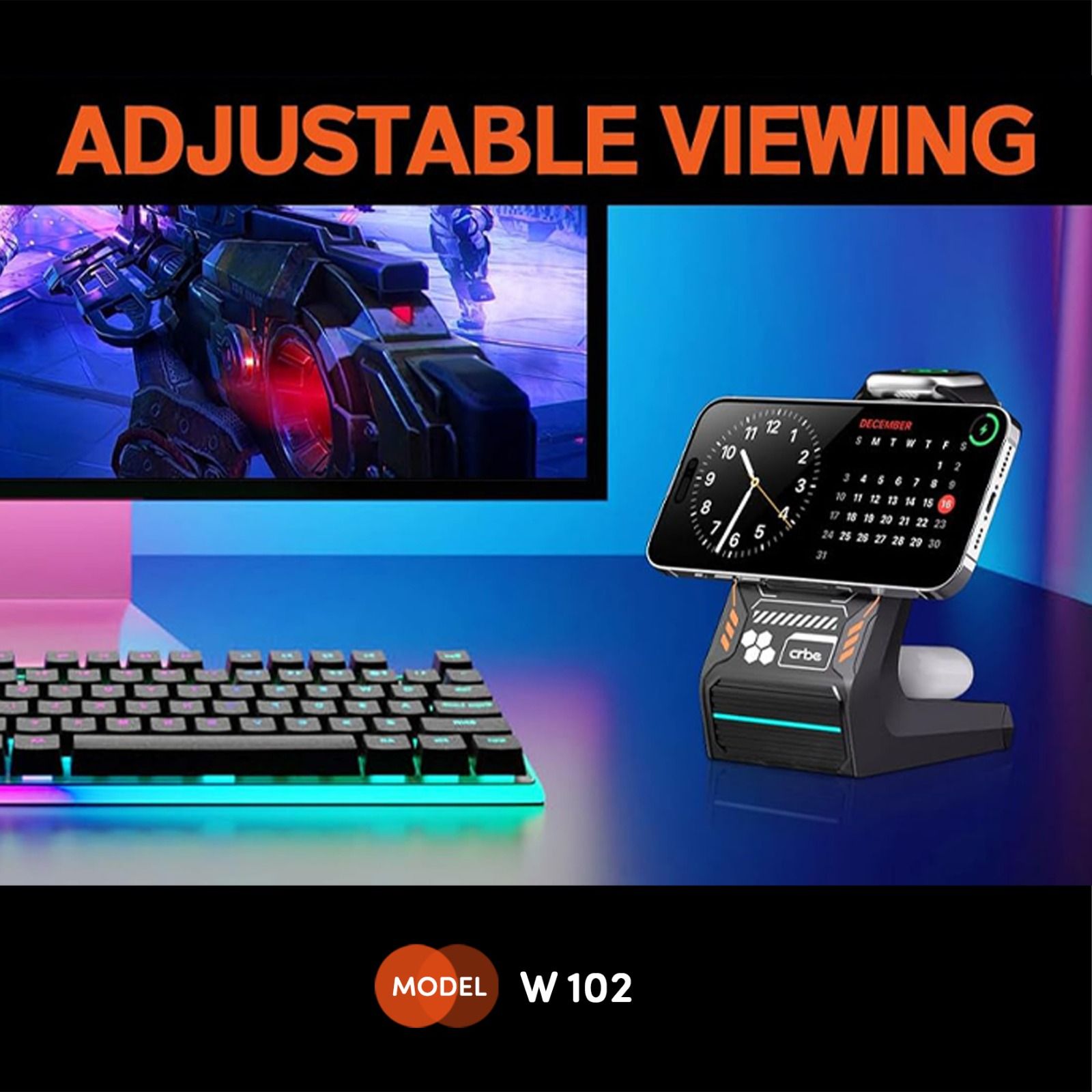 پایه شارژر رومیزی بی سیم سه کاره 15 وات کربی مدل Crbe W102 با نشانگر LED