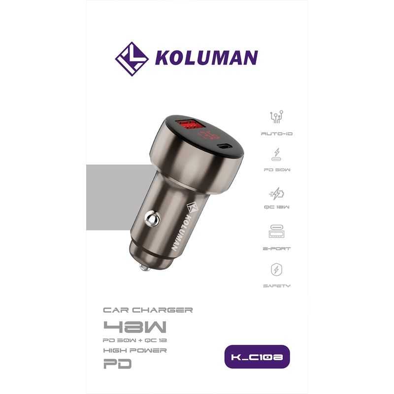 شارژر فندکی فست شارژ دو پورت خودرو کلومن مدل KOLUMAN K-C108 48W