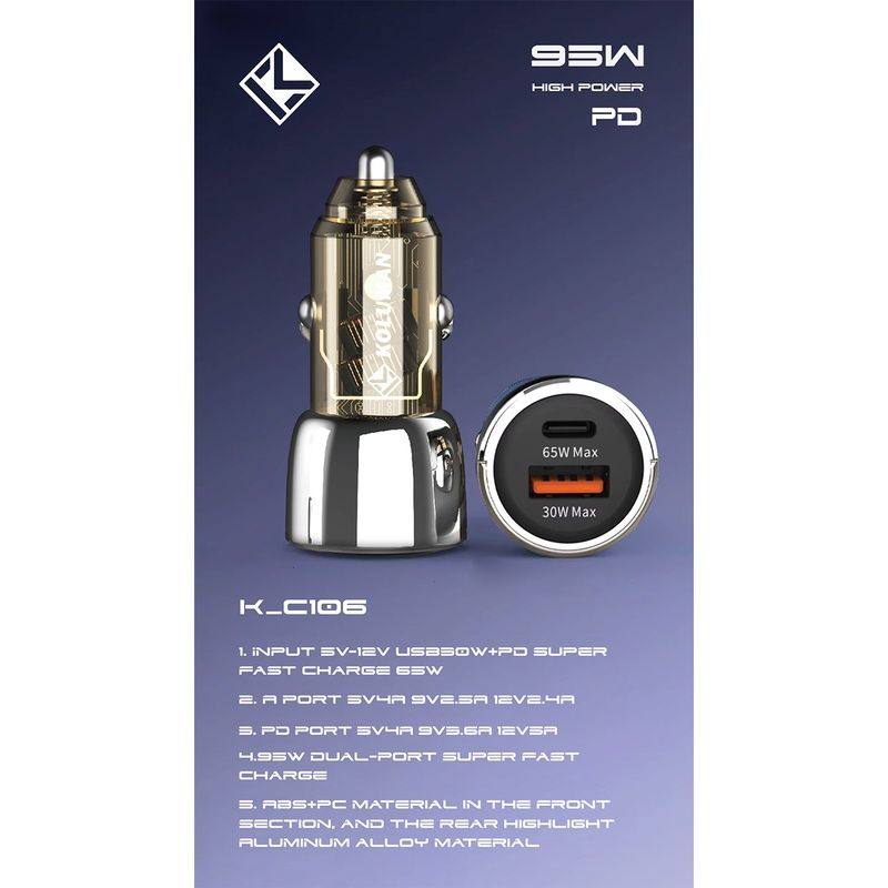 شارژر فندکی فست شارژ دو پورت خودرو کلومن مدل KOLUMAN K-C106 95W