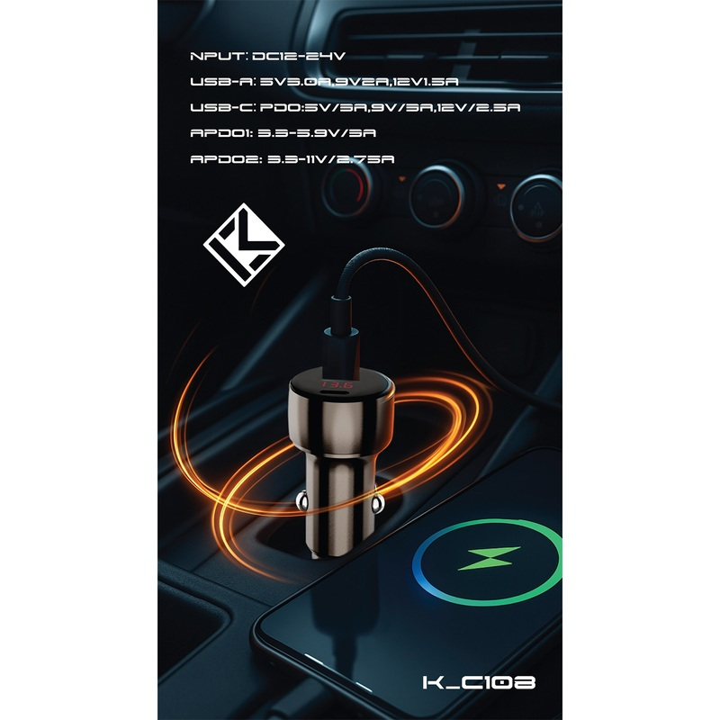 شارژر فندکی فست شارژ دو پورت خودرو کلومن مدل KOLUMAN K-C108 48W