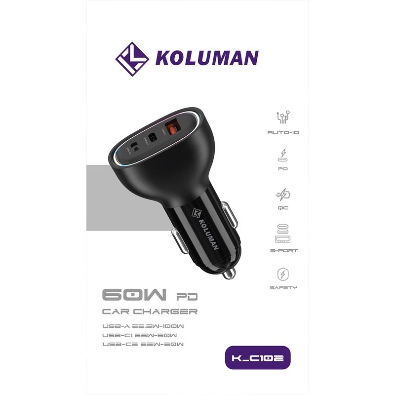 شارژر فندکی فست شارژ سه پورت خودرو کلومن مدل KOLUMAN K-C102 60W