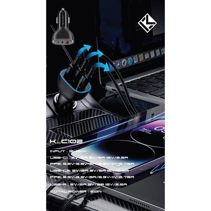شارژر فندکی فست شارژ سه پورت خودرو کلومن مدل KOLUMAN K-C102 60W