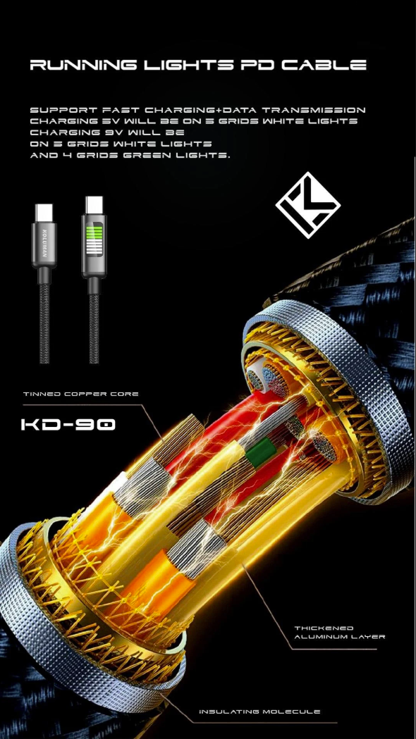کابل فست شارژ و دیتا Type-C به Type-C کلومن مدل KOLUMAN KD-90 PD 60W طول 1 متر