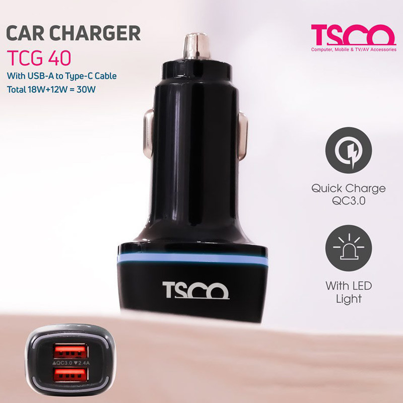 شارژر فندکی فست شارژ 2 پورت خودرو تسکو مدل TSCO TCG40 30W همراه کابل Type-C