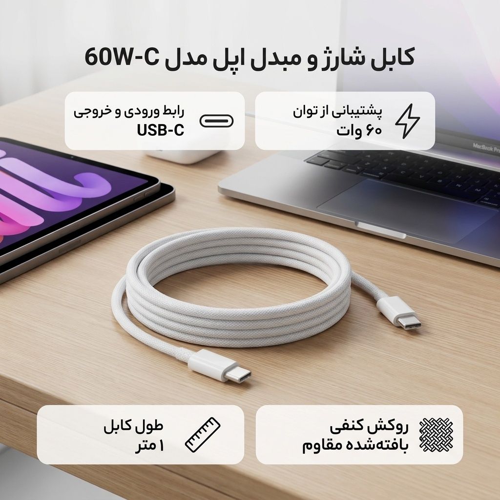 کابل فست شارژ و دیتا 60 وات Type-C به Type-C اپل مدل APPLE 60W A2795 طول 1 متر (اصل چین)